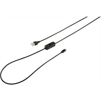Černý USB kabel s vypínačem uprostřed; na jedné straně je USB konektor, na druhé straně USB-C konektor.