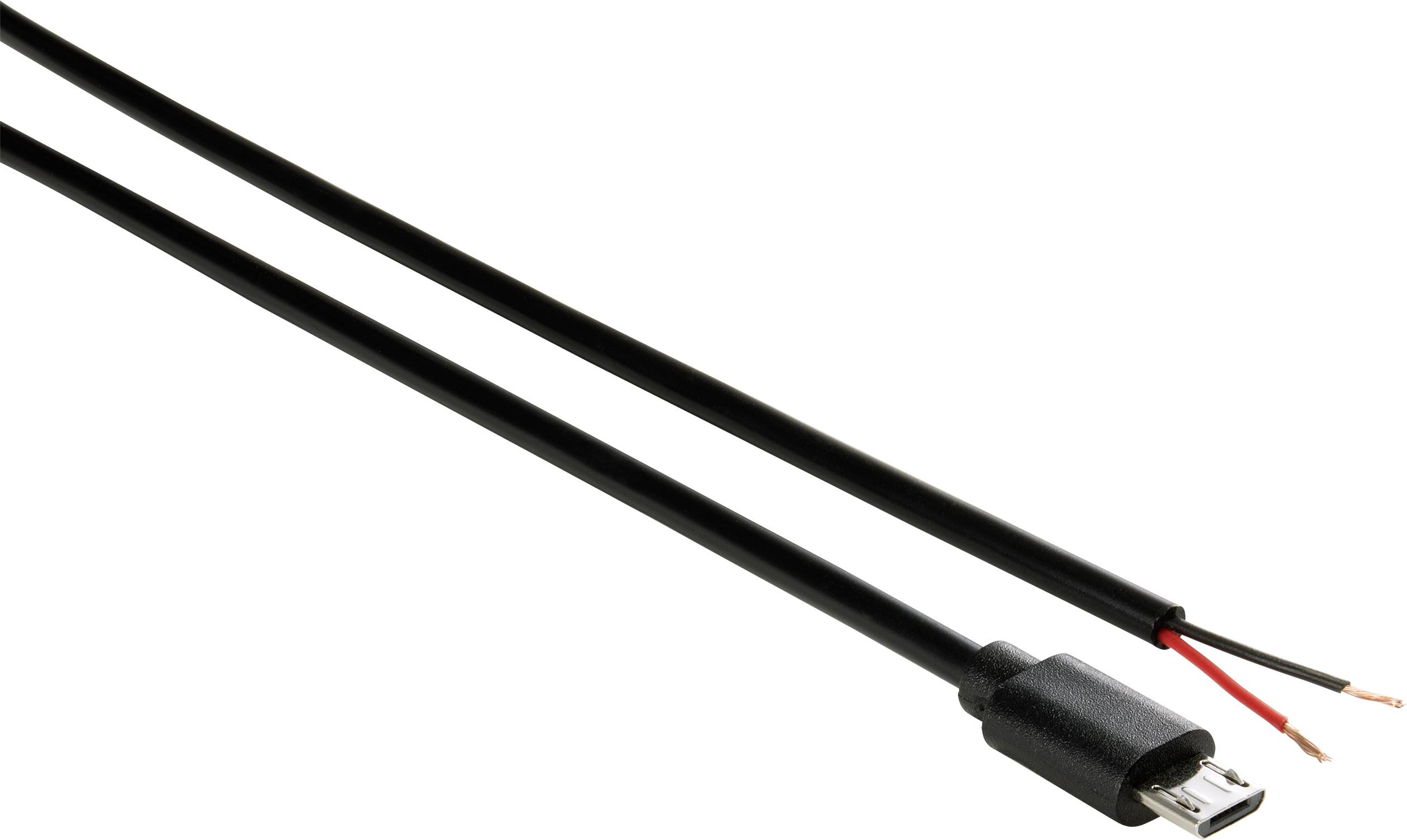 Černý USB kabel s otevřeným koncem a odhaleným měděným vedením, který ukazuje vnitřní strukturu připojovacích a datových kabelů.