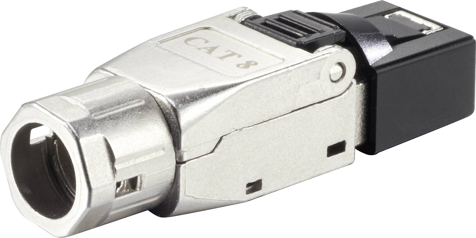 Stříbrný konektor Cat 8 RJ-45 pro síťové kabely. Má robustní kovové pouzdro a je vhodný pro vysoké přenosové rychlosti.
