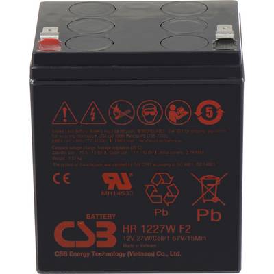 Černá baterie s označením 'CSB Battery HR 1227W F2' s ikonami pro recyklaci a likvidaci. Vyrobeno ve Vietnamu, 12V 27W/Článek.