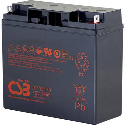 Černá baterie s oranžovým nápisem 'CSB GP 12170 12V 17Ah'. Značení ukazuje napětí, kapacitu a zemi původu.