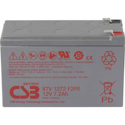 Hermeticky uzavřená olověná baterie označená 'CSB XTV 1272 F2FR 12V 7.2Ah' s recyklačními a bezpečnostními symboly.