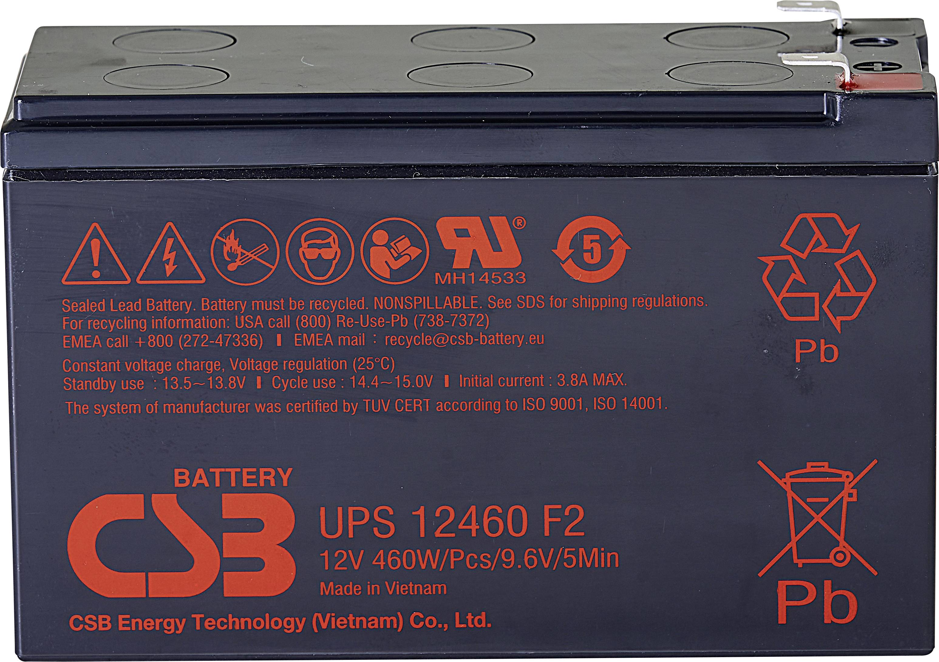 Černá autobaterie s červenými symboly a nápisy, včetně 'CSB UPS 12460 F2', 12V, vyrobená ve Vietnamu.