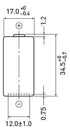 Technický výkres obdélníkové součástky s rozměry: šířka 17 mm, výška 34,5 mm, tloušťka 1,2 mm, rozteč děr 12 mm.