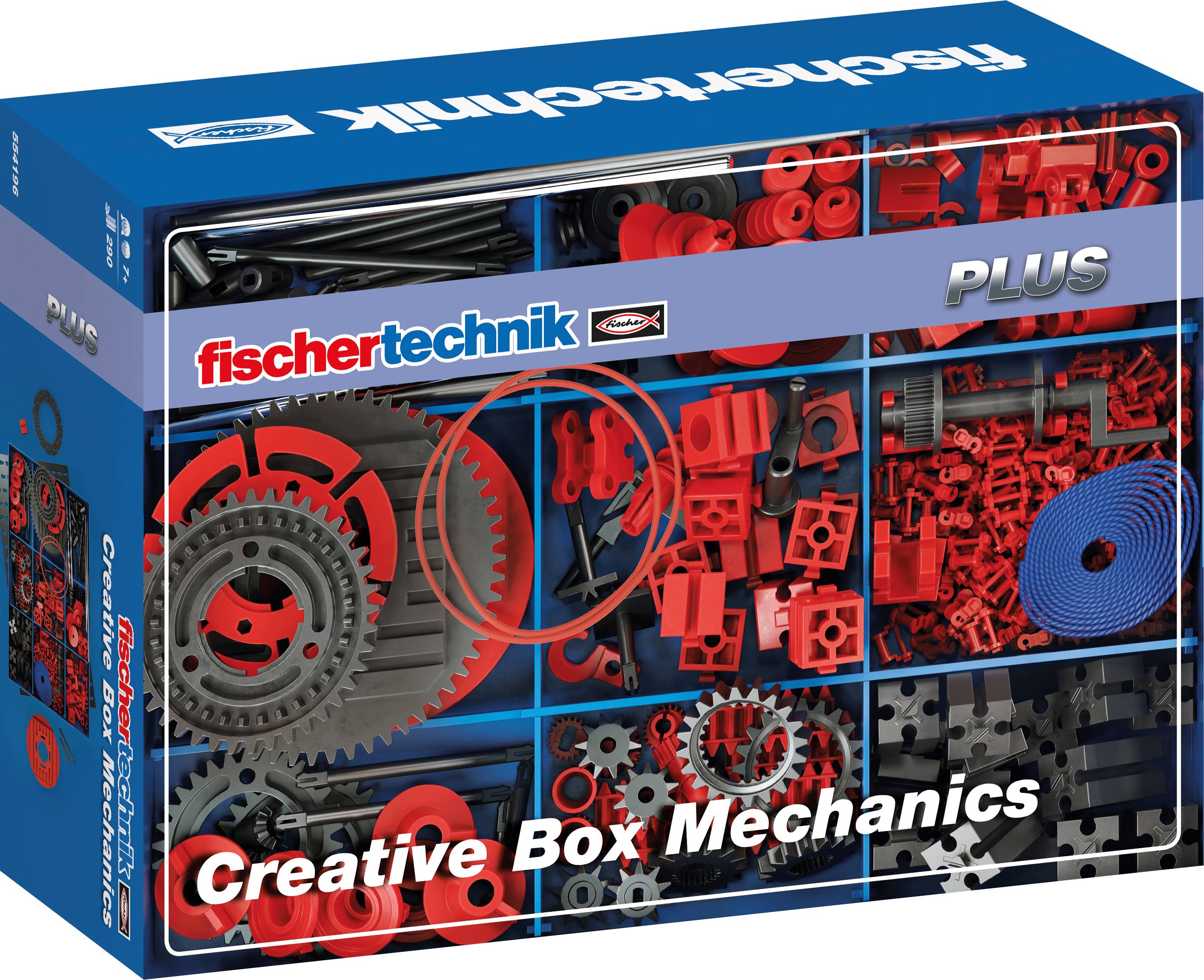 Obal sady 'fischertechnik PLUS Creative Box Mechanics', zobrazující červené a černé mechanické komponenty a ozubená kola pro modely.