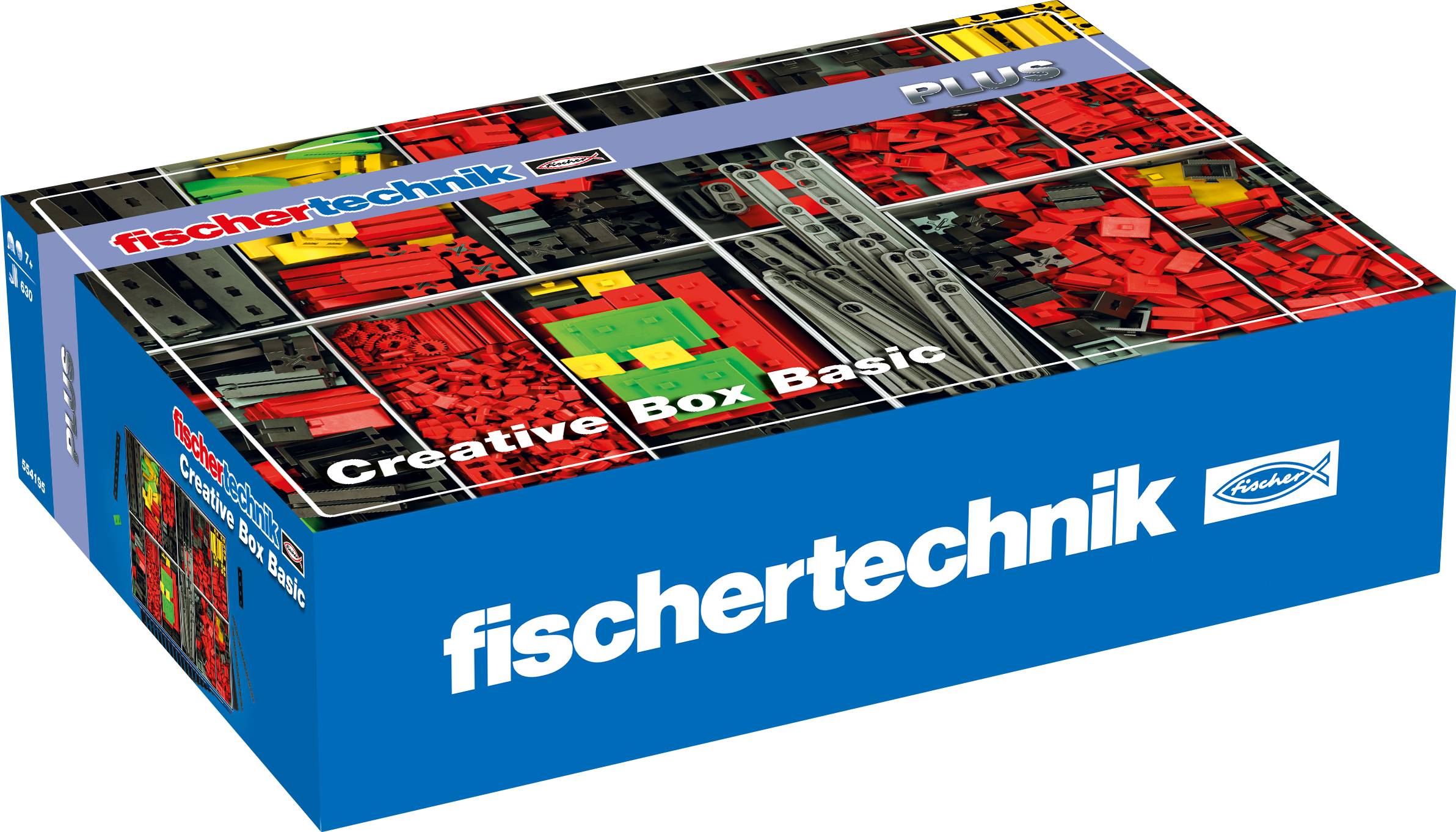 Krabice s nápisem 'fischertechnik Creative Box Basic' ukazuje barevné stavebnicové díly určené pro konstruování hraček.
