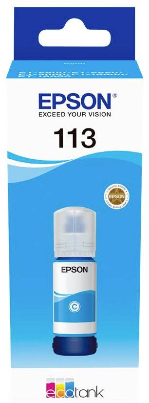 Epson inkoustová láhev 113, azurová, pro tiskárny EcoTank. Obal zobrazuje firemní logo a slogan 'Exceed Your Vision' v modré barvě.