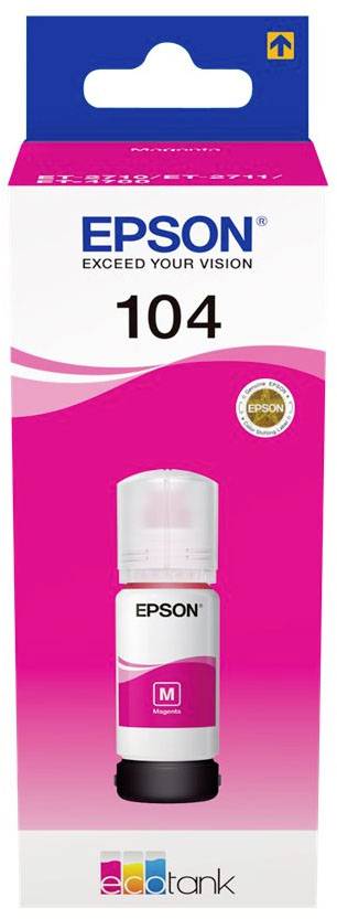 Epson 104 Ecotank inkoustová láhev v purpurové barvě. Produktové balení s logem a barvou, vhodné pro tiskárny Epson.
