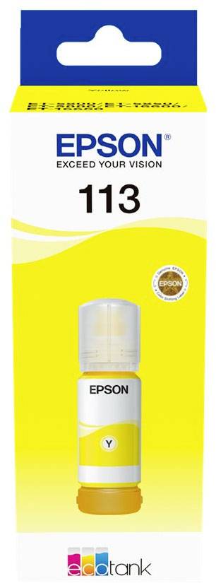 Žlutá inkoustová láhev Epson model 113 pro inkoustové tiskárny, kompatibilní s EcoTank, na žlutém pozadí obalu.