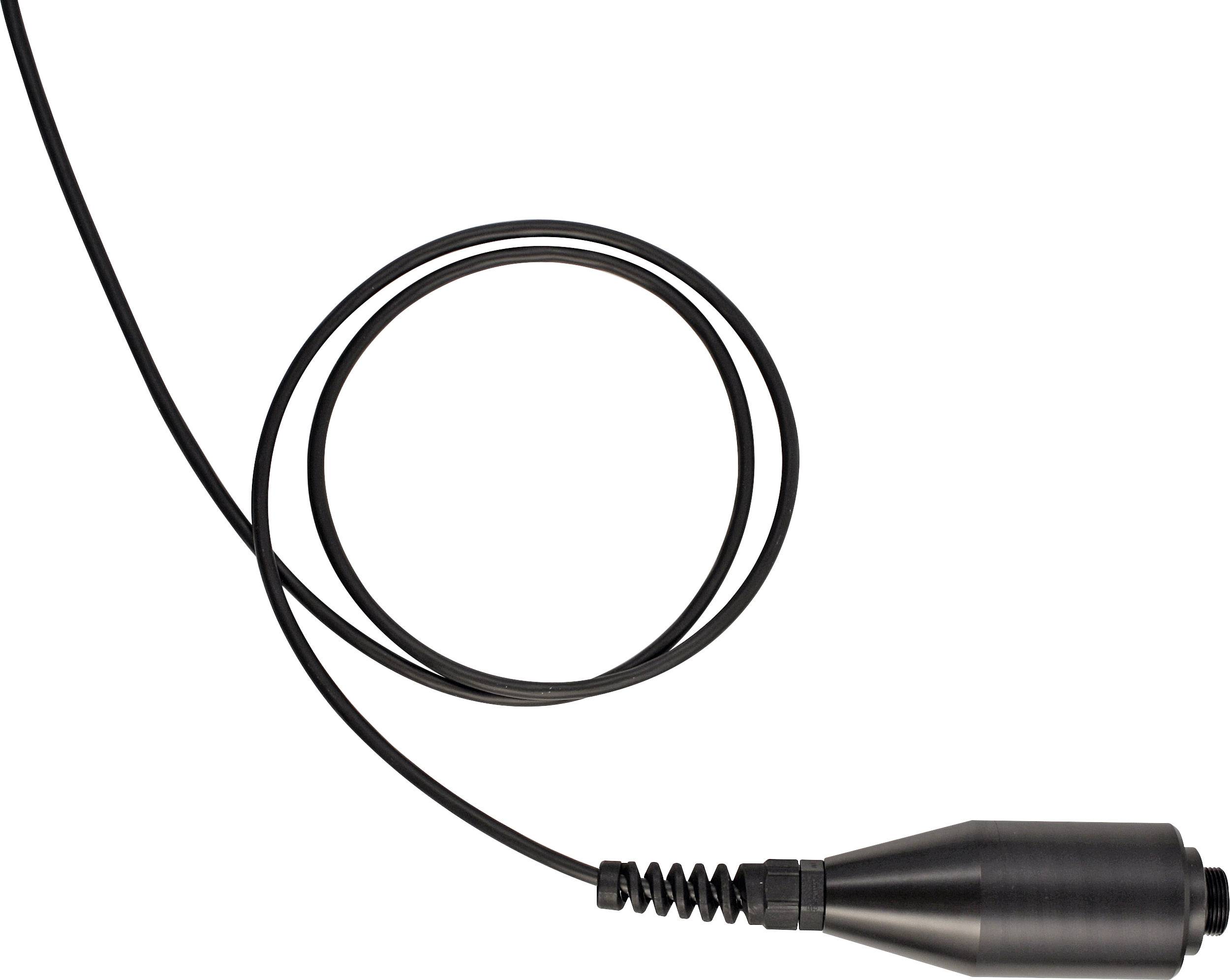 Černý kabel se spirálovitou sekcí na levé straně a válcovitou zástrčkou na straně pravé.