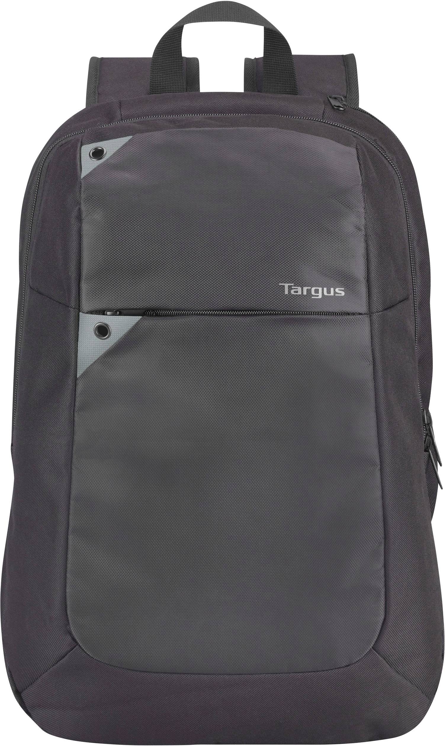 Černý batoh Targus s několika kapsami, zipem a rukojetí. Ideální pro notebooky a každodenní použití.