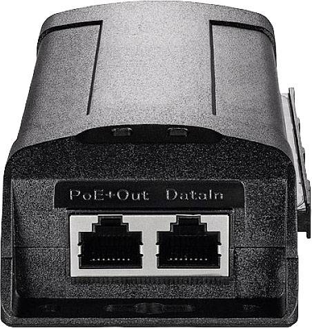 Na obrázku je černý PoE adaptér se dvěma ethernetovými porty, označenými jako 'PoE-Out' a 'Data-In'.