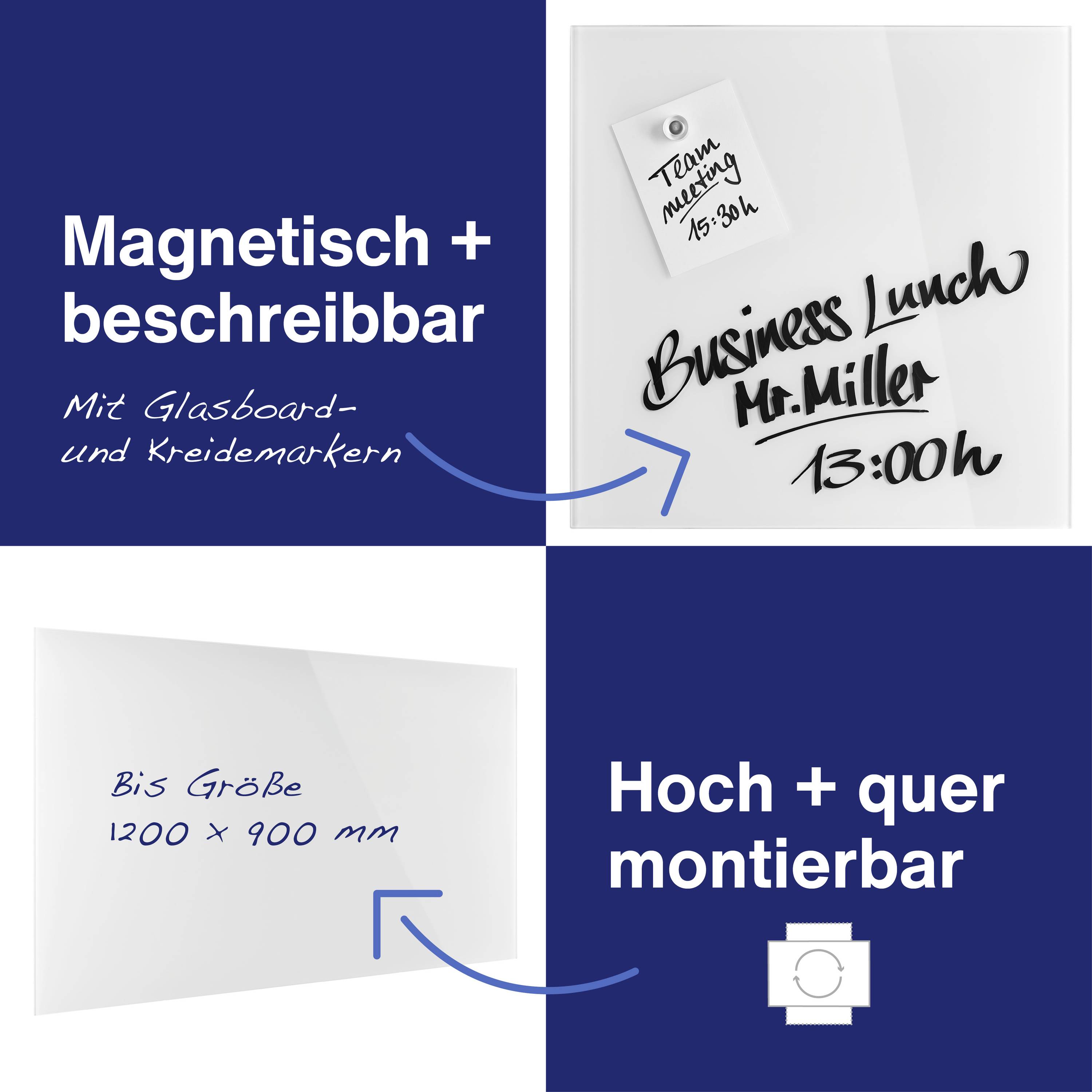 Magnetická tabule se skleněným povrchem, kterou lze popisovat křídovými fixy. Velikosti až 1200 x 900 mm, montovatelná na výšku i na šířku.