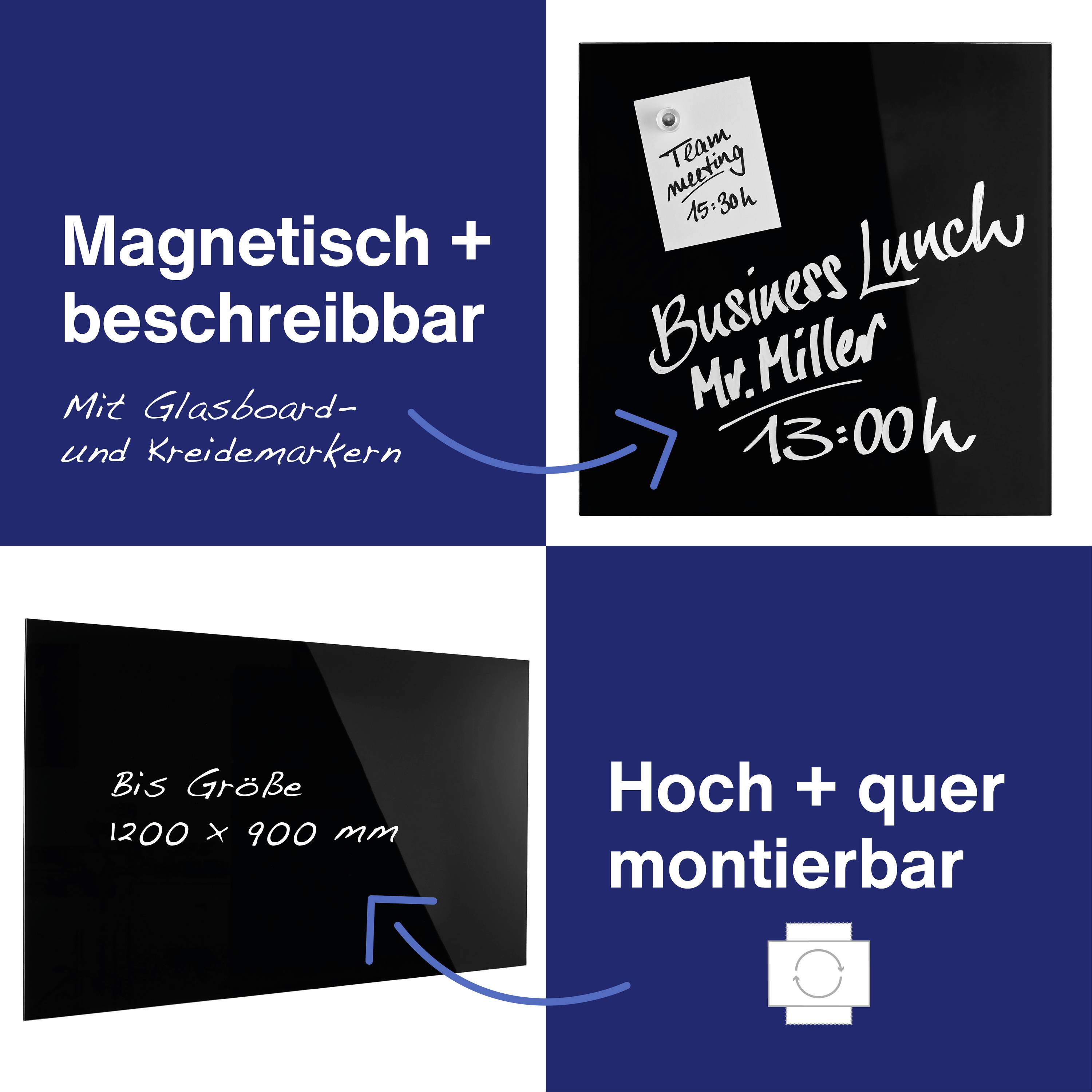 Magnetická a popisovatelná tabule se skleněným povrchem a křídovými popisovači, montovatelná až do rozměru 1200 x 900 mm. Příkladový text: 'Obchodní oběd s panem Millerem ve 13:00'.