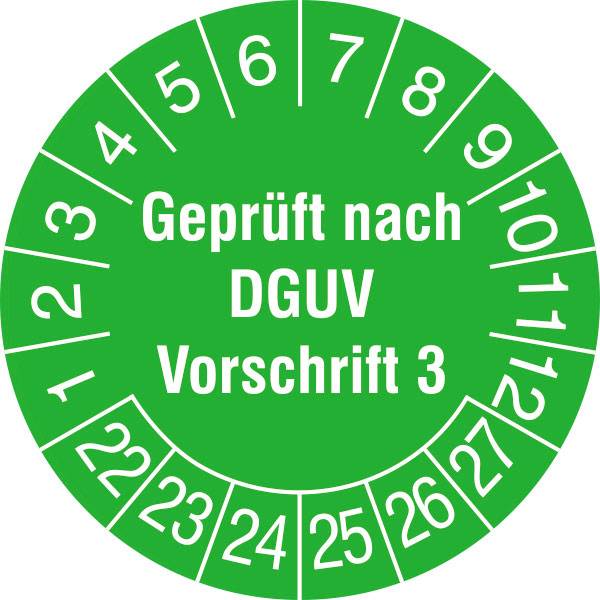 SafetyMarking 30.C2105_22-27 plaketa o zkoušce Geprüft nach DGUV Vorschrift 3 2022-2027 zelená samolepicí fólie (Ø) 3 cm 3 cm 15 ks