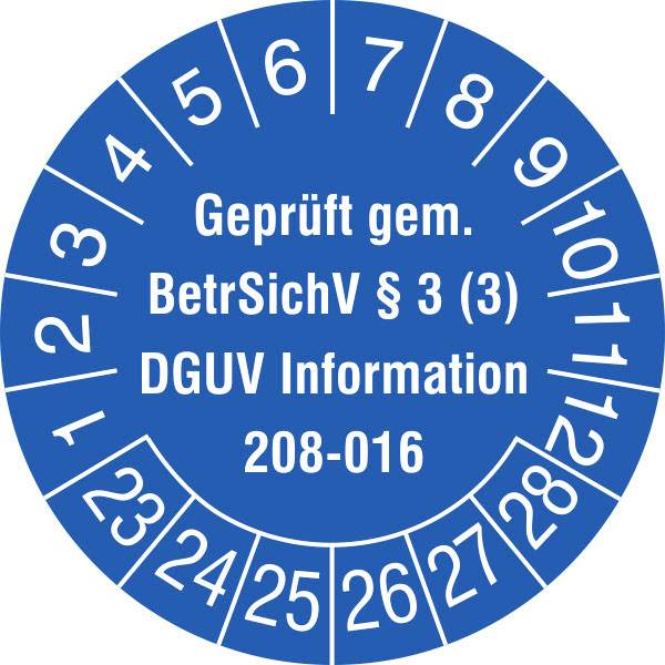 SafetyMarking 30.C2170_23-28 plaketa o zkoušce Geprüft gem. BetrSichV §3 (3), DGUV Information 208-016 2023-2028 modrá samolepicí fólie (Ø) 3 cm 3 cm 15 ks