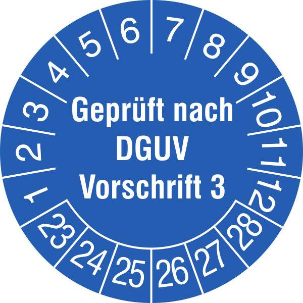 SafetyMarking 30.C2105_23-28 plaketa o zkoušce Geprüft nach DGUV Vorschrift 3 2023-2028 modrá samolepicí fólie (Ø) 3 cm 3 cm 15 ks