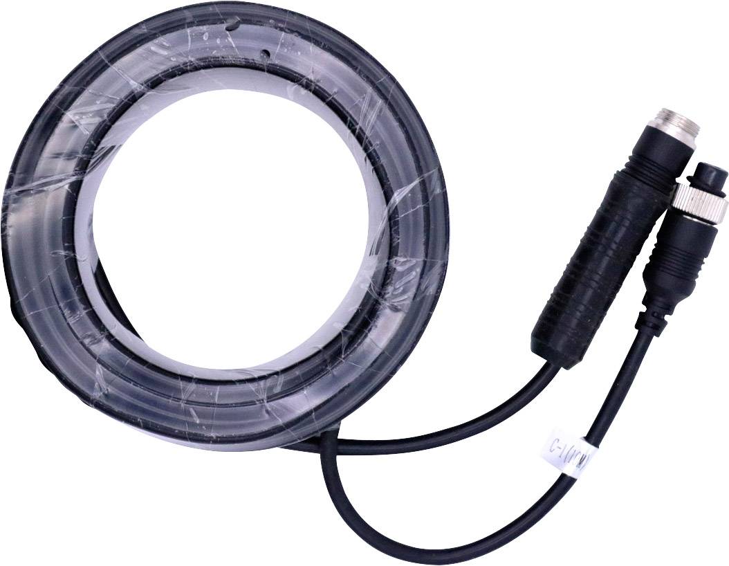 Kabel černé barvy navinuté na cívce se dvěma konektory na jednom konci, které se používají pro elektronické propojení.