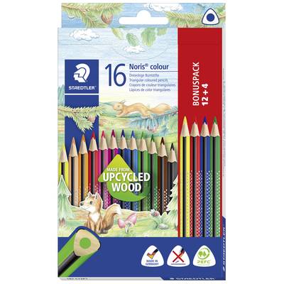 Balení s 16 trojhrannými pastelkami z recyklovaného dřeva, značka Staedtler. Na obalu je zobrazen liška a lesní krajina.