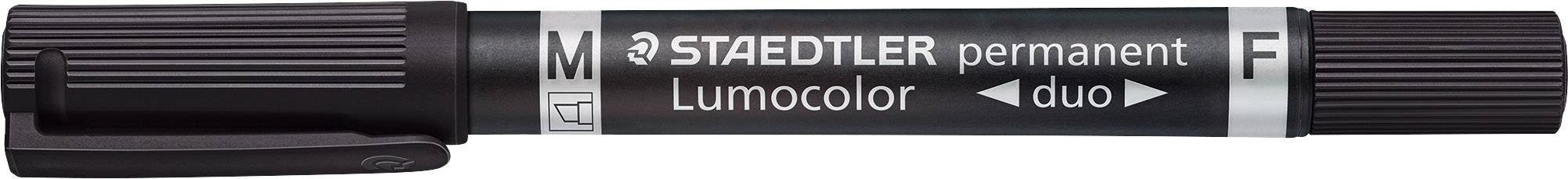 Černý permanentní popisovač STAEDTLER Lumocolor s dvojitým hrotem, označený jako 'M' (střední) a 'F' (tenký).