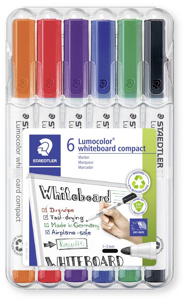 Šest popisovačů Lumocolor na whiteboard v různých barvách v průhledném balení. Snadno smazatelné, rychle schnoucí.
