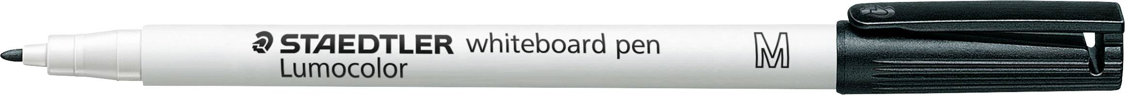 Bílý popisovač na whiteboard značky Staedtler Lumocolor s černým víčkem a hrotem, vhodný pro psaní na tabule.