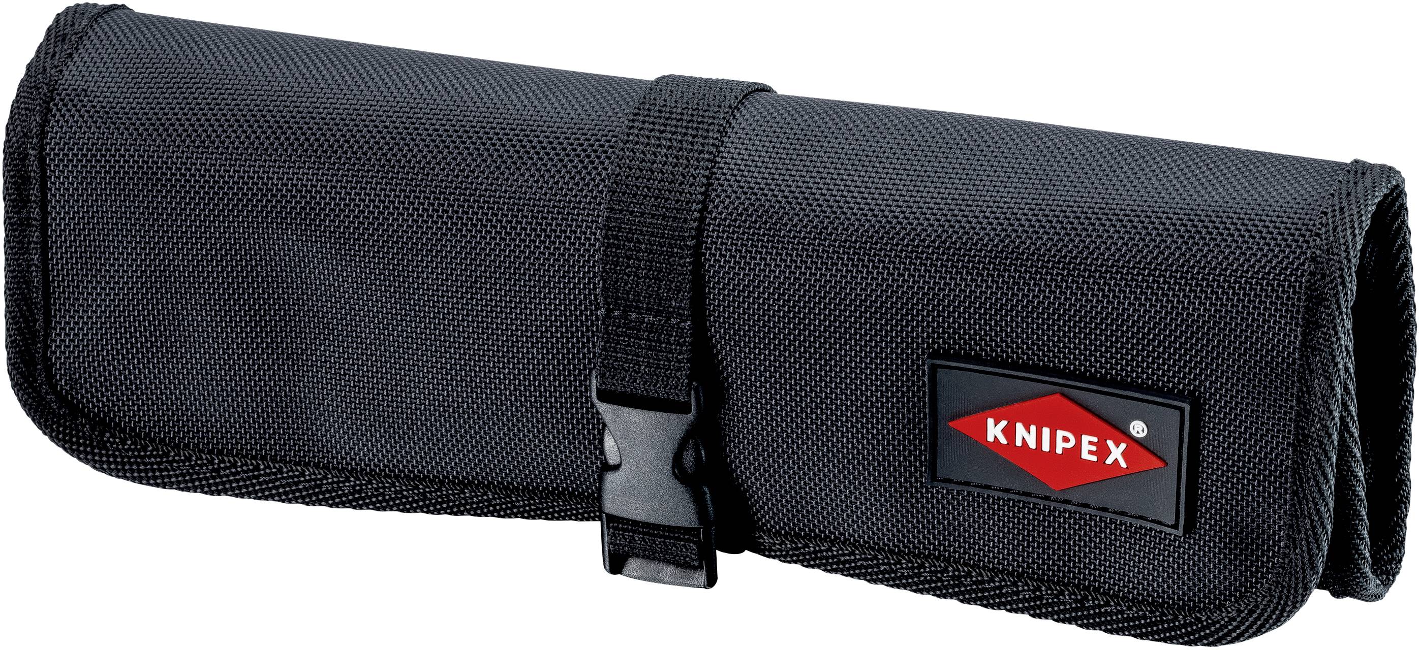 Černé, sbalitelné pouzdro s červeným logem 'Knipex', vhodné pro uchovávání nástrojů, leží svinuté na povrchu.