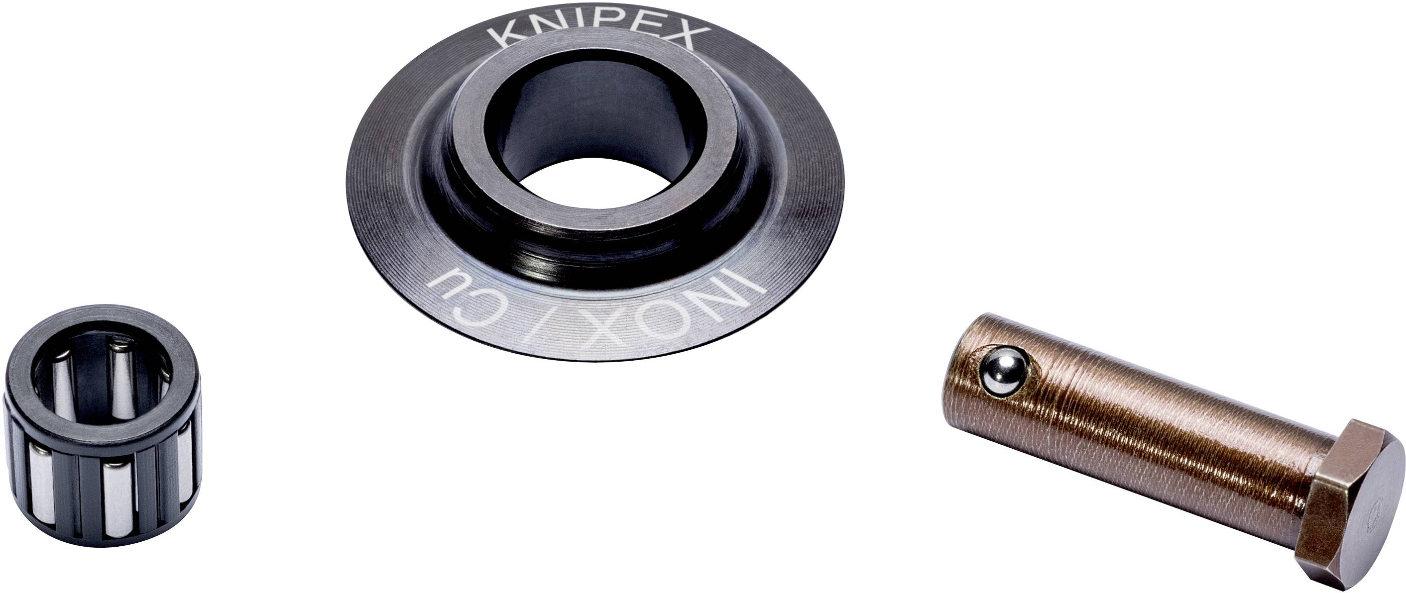 Tři kovové díly: jeden kuličkově uložený válec, plochý kroužek s nápisem 'KNIPEX INOX CU' a dlouhý čep.