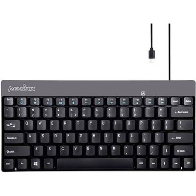 Kompaktní černá klávesnice s USB kabelem, obsahuje kompletní řadu funkčních kláves a anglické rozložení, vhodná pro počítače.