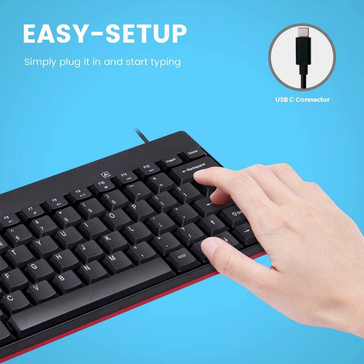 Klávesnice s rukou stiskující klávesu. Text v obraze: 'SNADNÉ NASTAVENÍ. Jednoduše připojte a začněte psát.' Zobrazený USB-C port.