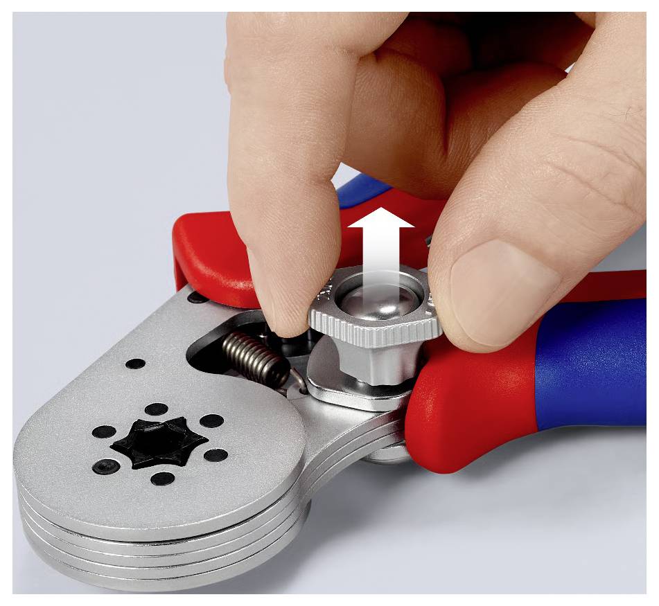Kleštiny na lisování 'KNIPEX 97 55 14' v červené a modré barvě, vyrobené v Německu, zobrazené s otevřeným mechanismem na lisování.