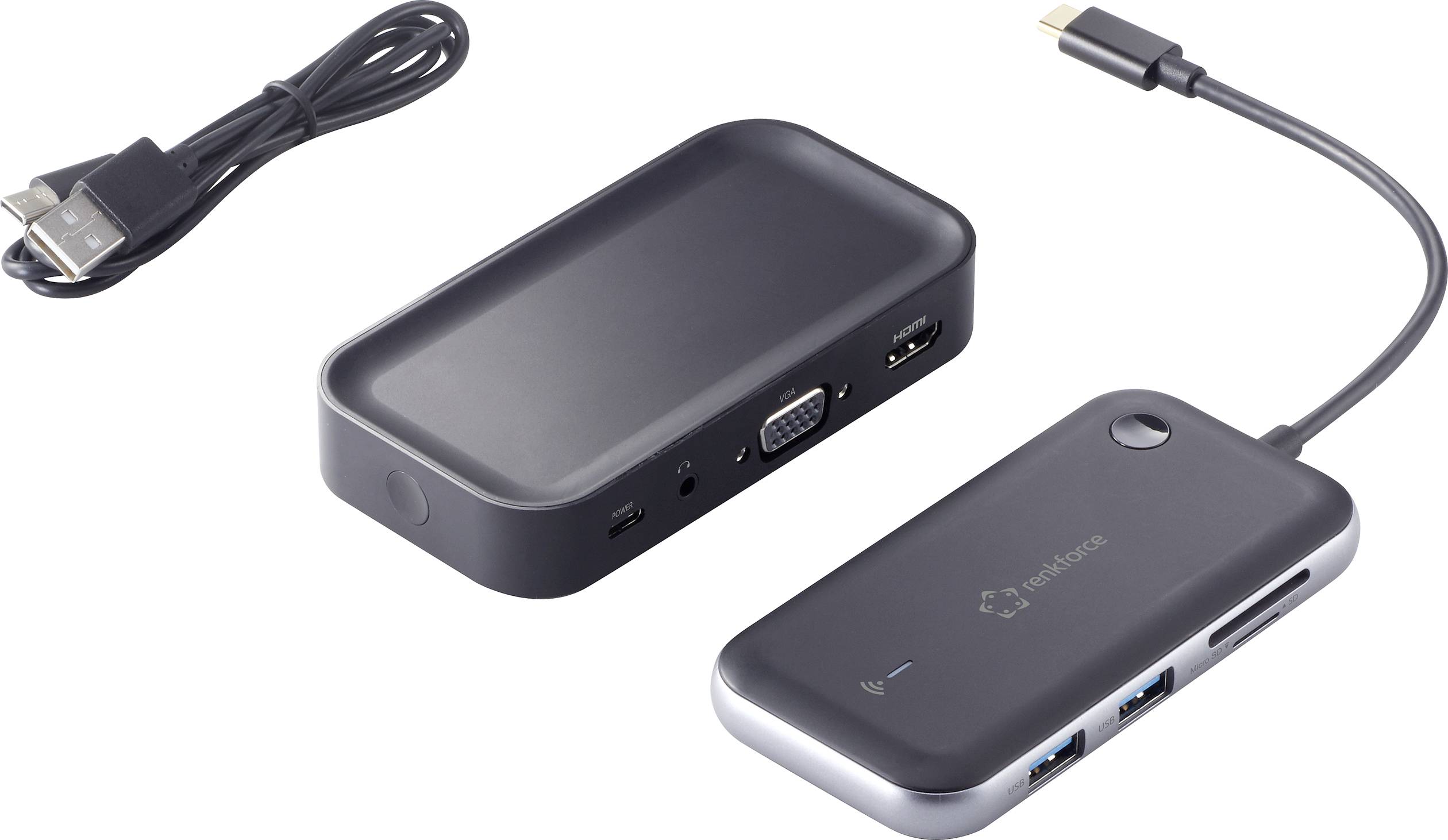 Černá dokovací stanice s několika porty, včetně HDMI, USB-C, VGA a USB portů. Vedle ní leží USB kabel.