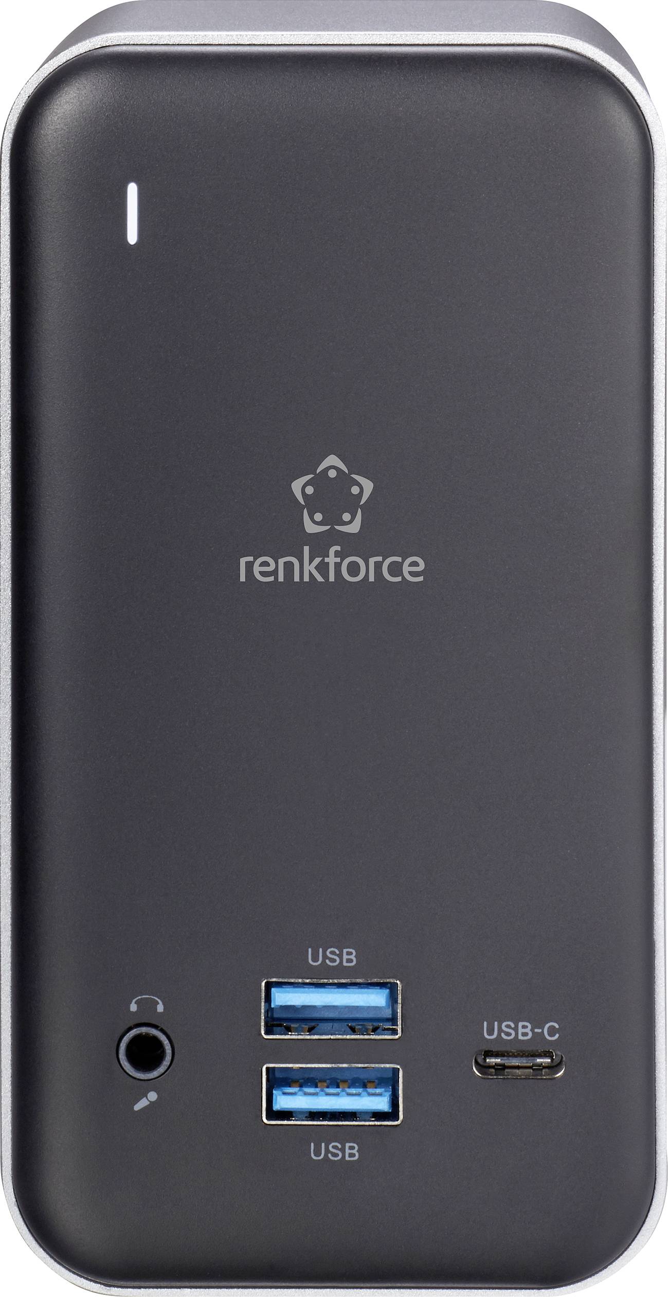 Černý USB hub od značky Renkforce se dvěma USB porty, jedním USB-C portem a jedním audio portem na přední straně.