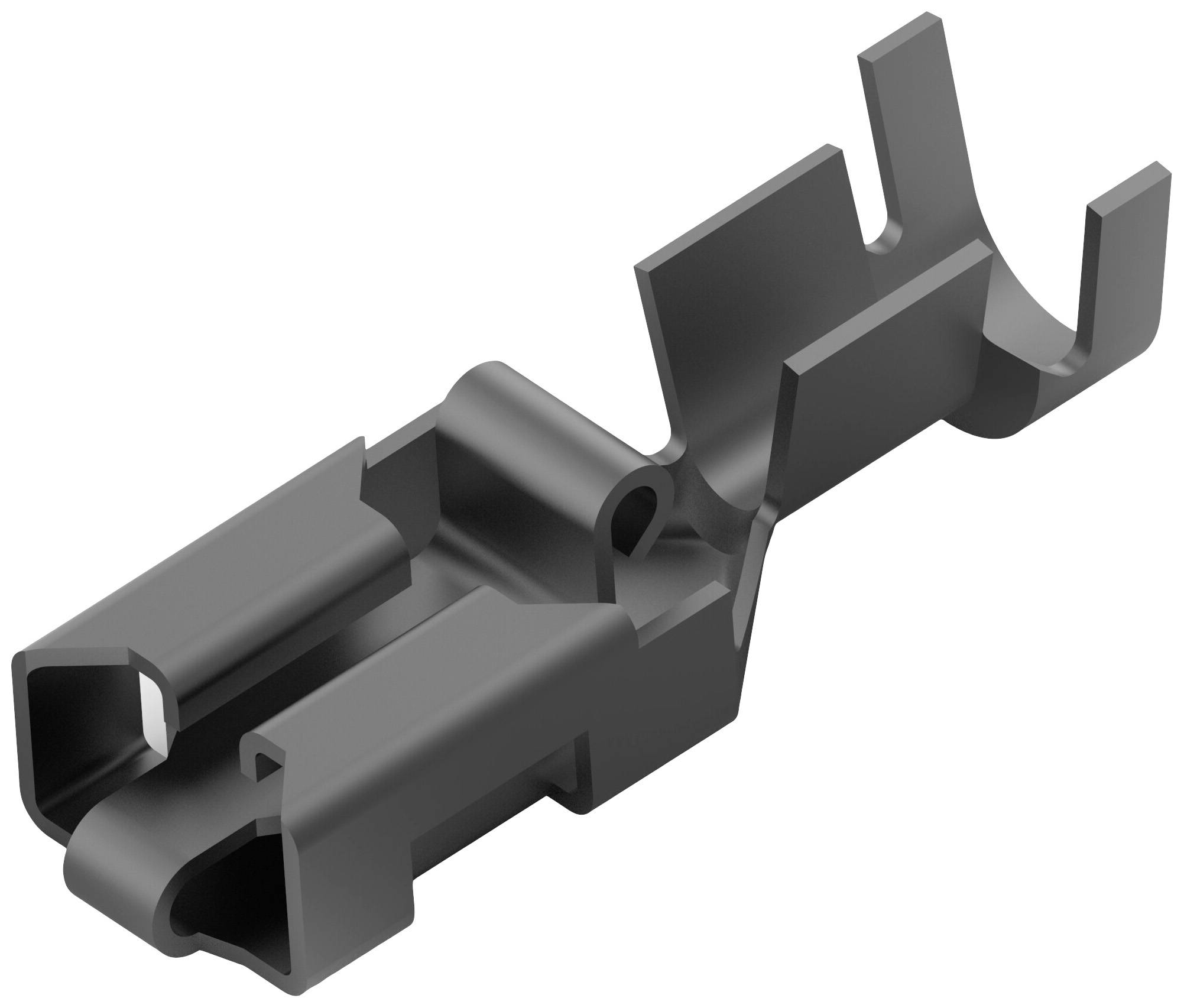 Šedá kovová upevňovací svorka se složitým designem, pravděpodobně určená pro průmyslové nebo mechanické použití.