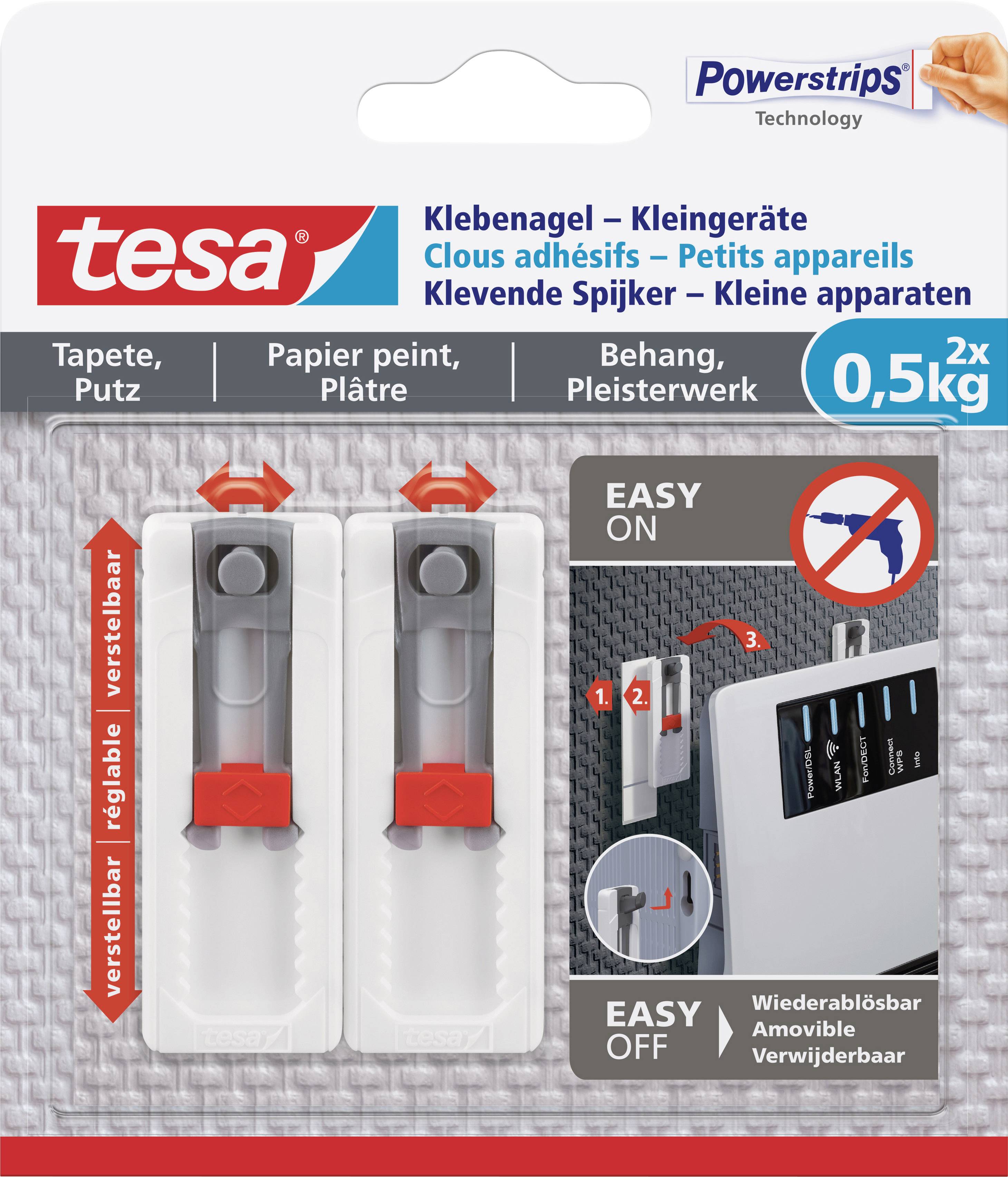 Balení lepicích hřebíků Tesa pro tapety a omítky, vhodné pro zatížení do 0,5 kg. Obsahuje dva nastavitelné hřebíky. Návod k použití je uveden na obalu.