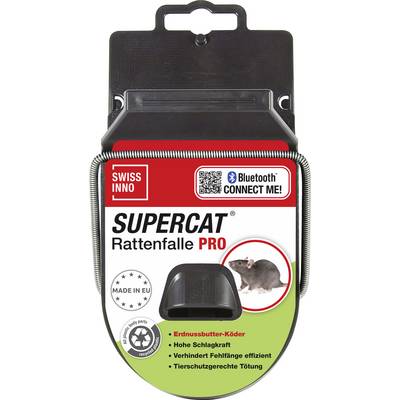 Obalový design "Supercat Rattenfalle PRO" s obrázkem myši. Mezi hlavní features patří arašídové máslo jako návnada, vysoká síla úderu a efektivní chytání.