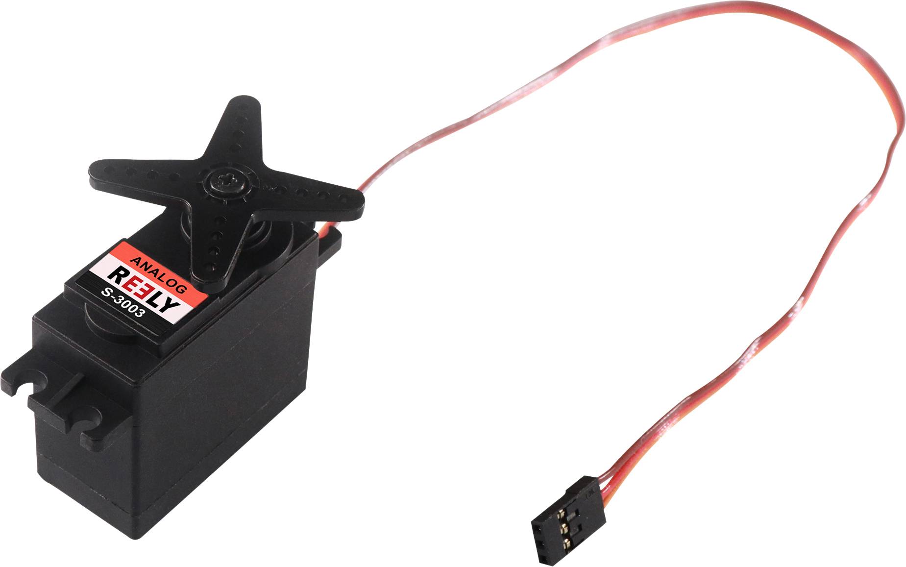 Černý analogový servomotor s červeným vodičem a připojovací zástrčkou. Štítek na motoru zobrazuje 'RELY S3003'.