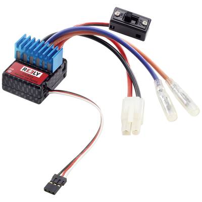 Elektronický regulátor otáček pro RC vozidla, s chladičem, různými kabely a konektory pro motor a akumulátor.