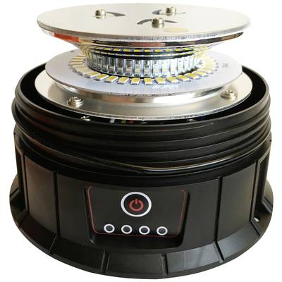 Černá, kulatá LED lampa s odnímatelným kovovým horním krytem, zobrazující vnitřní světelnou strukturu. Přední strana je vybavena vypínačem a kontrolkami.