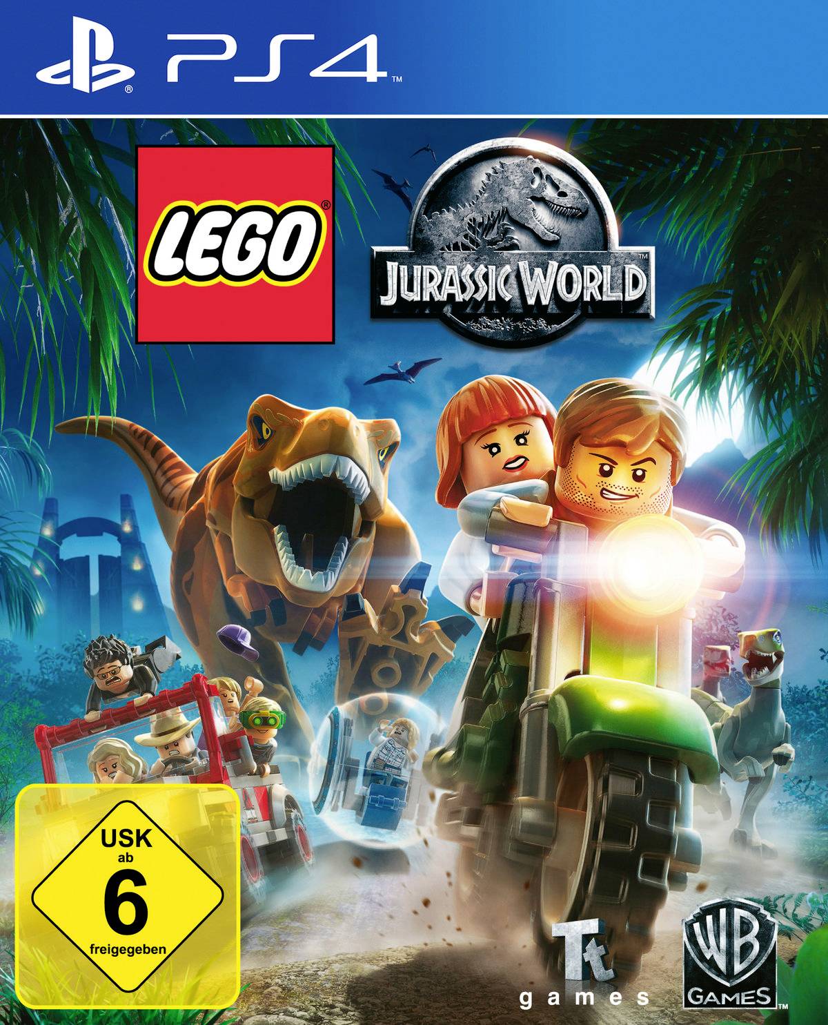 Videohra 'LEGO Jurassic World', obrázek ukazuje hlavní postavy prchající před dinosaury v tropickém prostředí. Pro PS4, věková kategorie od 6 let.