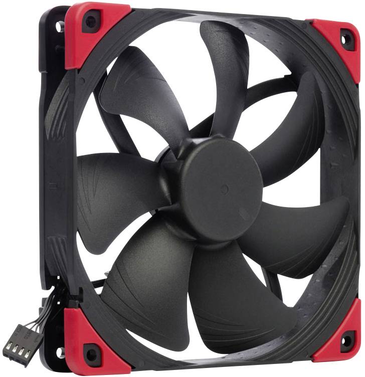Černý počítačový ventilátor s červenými rohy a připojovacím kabelem na pravé straně.