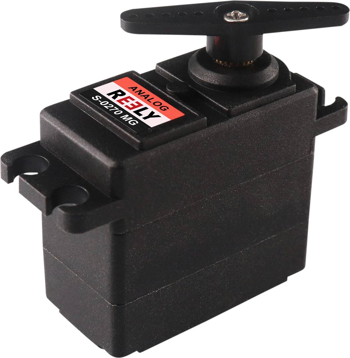 Černý servomotor s nápisem 'Analog RELLY S-0270 MG'. Používaný v modelářství pro přesné řízení pohybů.