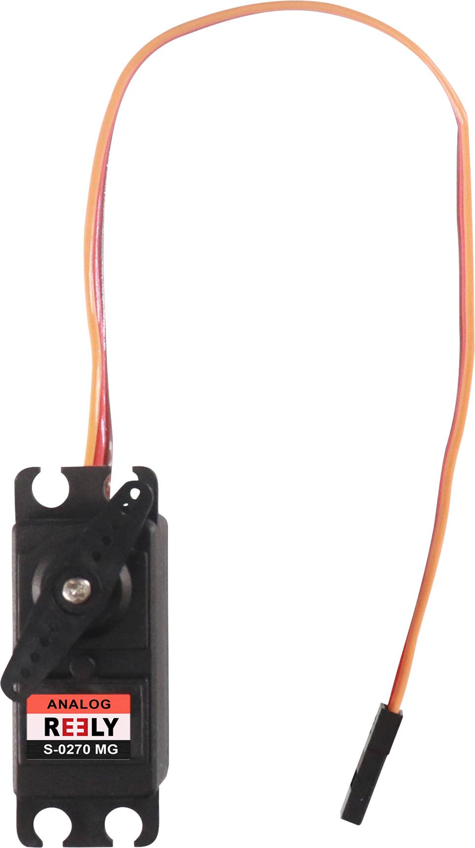 Malý analogový servo motor s nápisem 'REELY S-0270 MG', černým tělem a oranžovým kabelem.