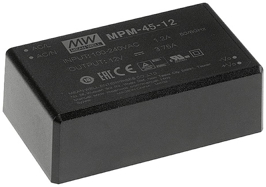Černý napájecí zdroj s označením 'MPM-45-12' určený pro vstupní napětí 100-240V AC s výstupním napětím 12V.