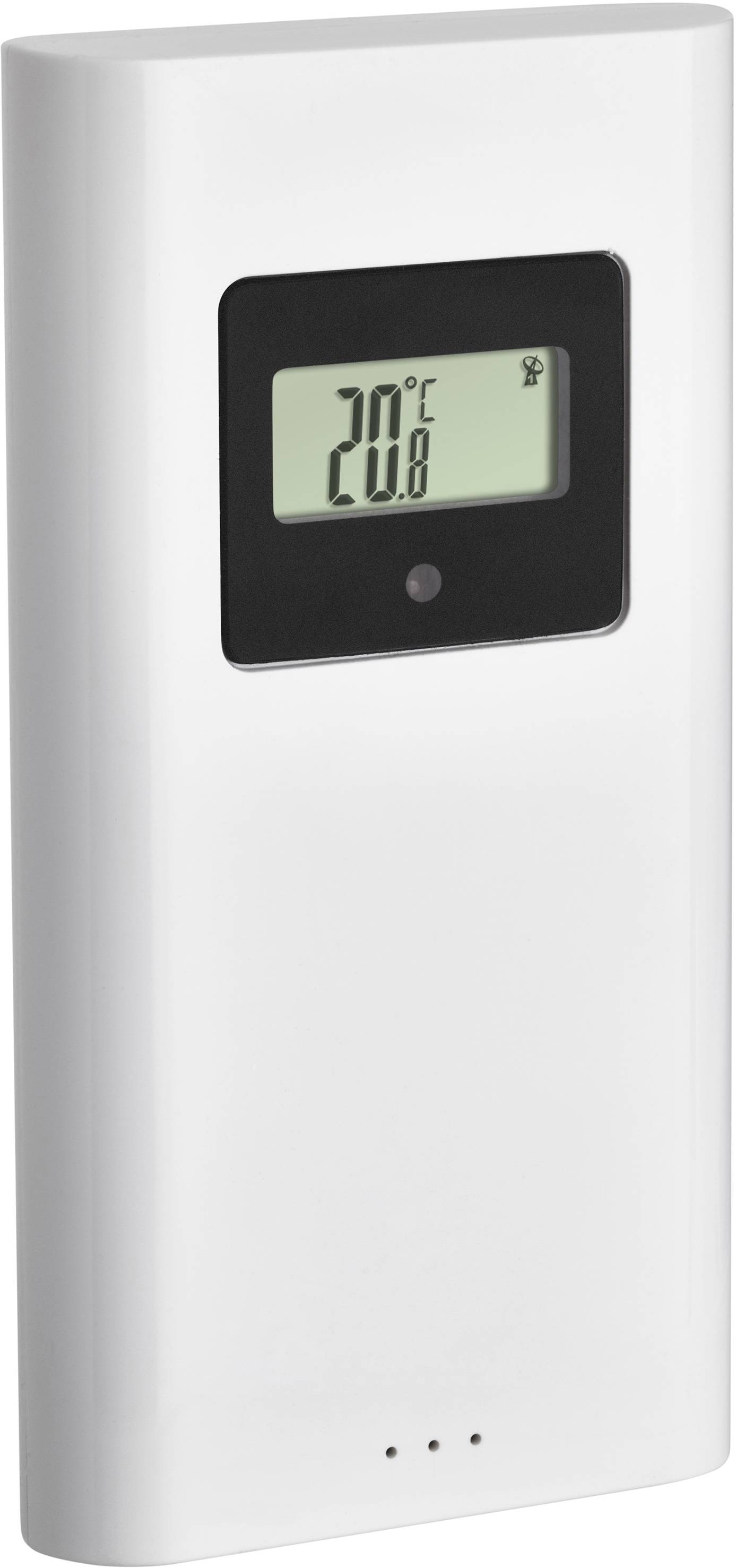 Bílý digitální teploměr ukazuje 20 stupňů Celsia na černém displeji.