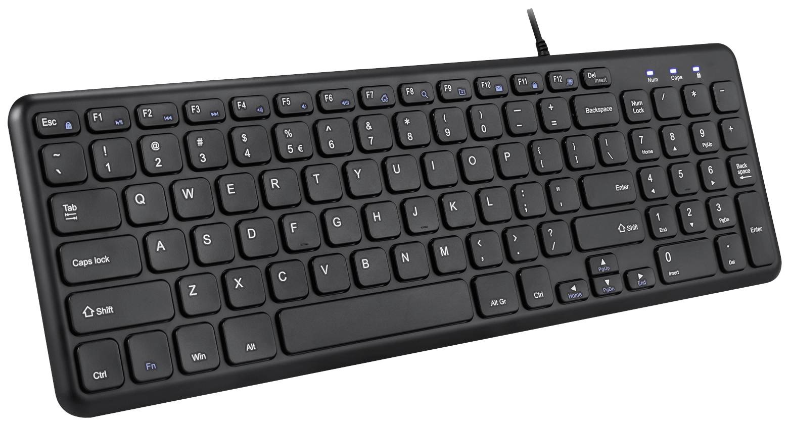 Černá počítačová klávesnice s německým rozložením QWERTZ. Viditelné speciální klávesy: Esc, F1-F12, Print, Insert a šipkové klávesy.
