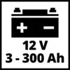 Symbol baterie s kladným a záporným znaménkem. Text pod ním: 12 V, 3 - 300 Ah.