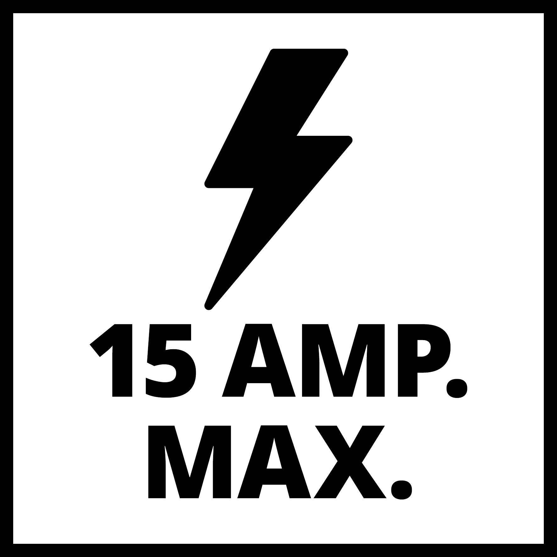 Na bílém pozadí je umístěn symbol napětí nebo elektřiny a nápis '15 Amp. Max.'.