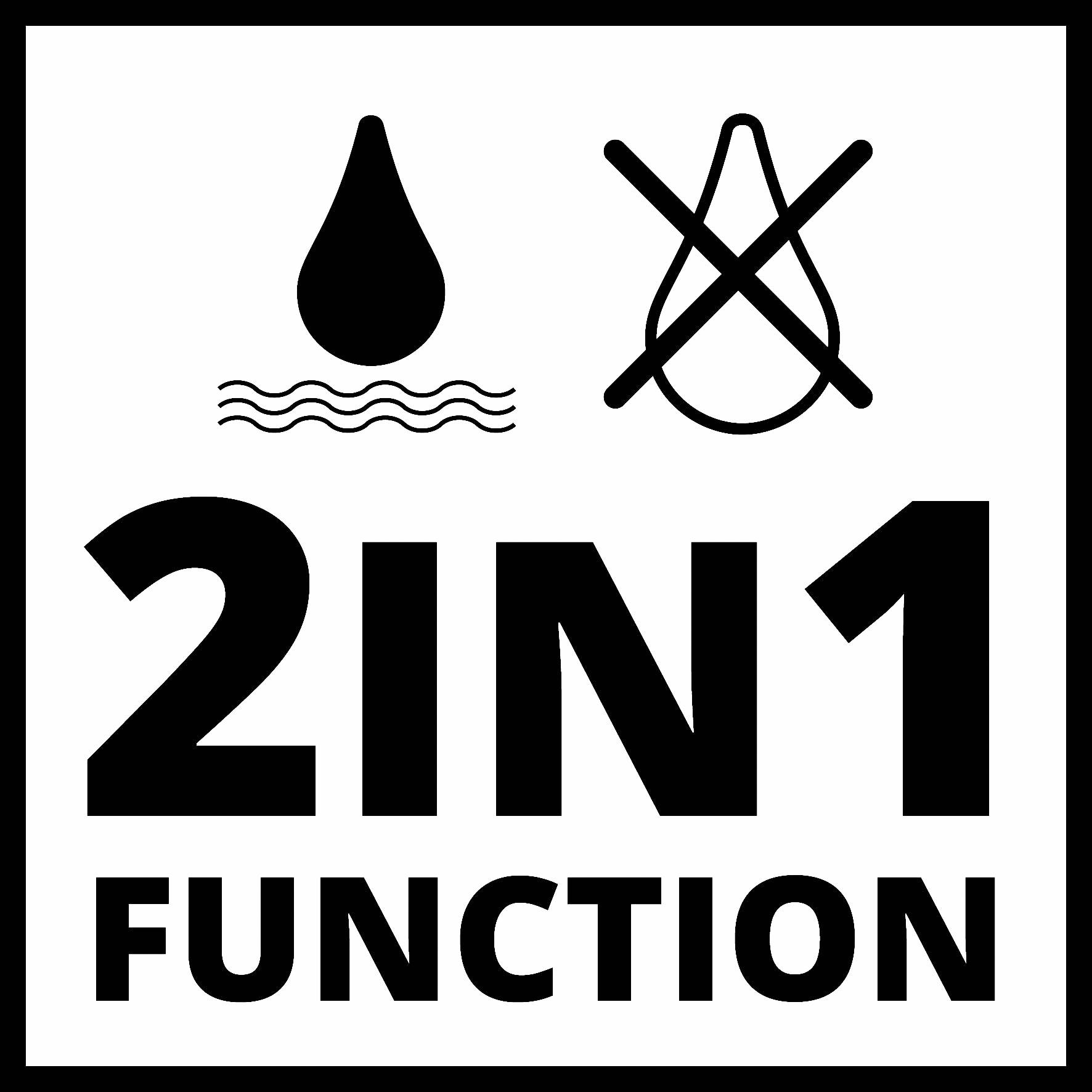 Symbol funkce '2 v 1': Jedna kapka nad vlnami vedle škrtnuté kapky. Znamená: Kombinovaná funkce s vodou nebo bez ní.