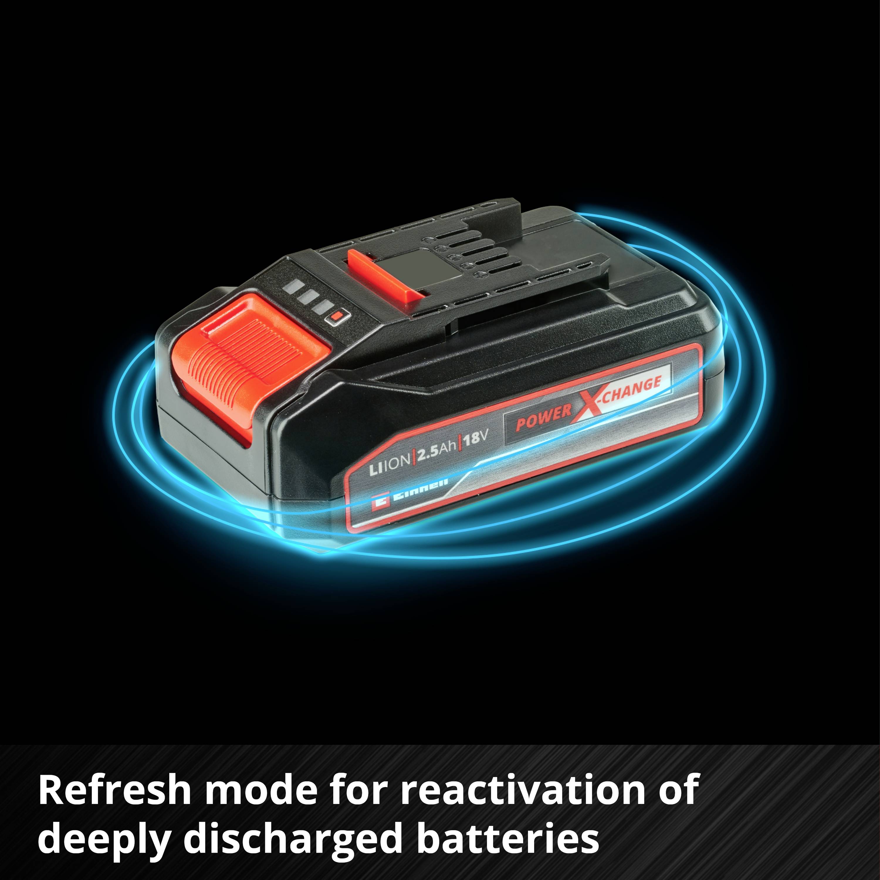 Lithium-iontový akumulátor 2,5 Ah 18 V s osvěžovacím režimem pro reaktivaci hluboce vybitých baterií Einhell Power X-Change.